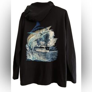 Guy Harvey Mens Hooded Navy Fishing T Shirt Size Medium Blue Marlin Hoodie Tee